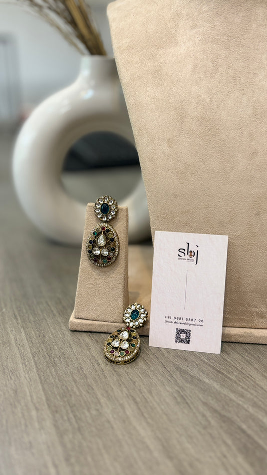 Antique Gold Finish Green Kundan Statement Drop Earrings