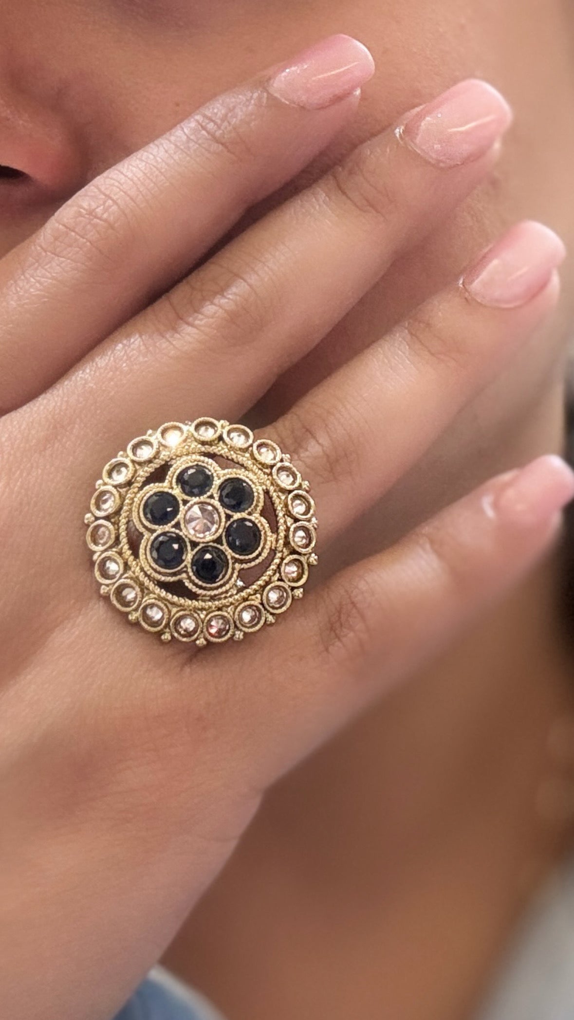 Midnight Black Kundan Statement Adjustable Ring