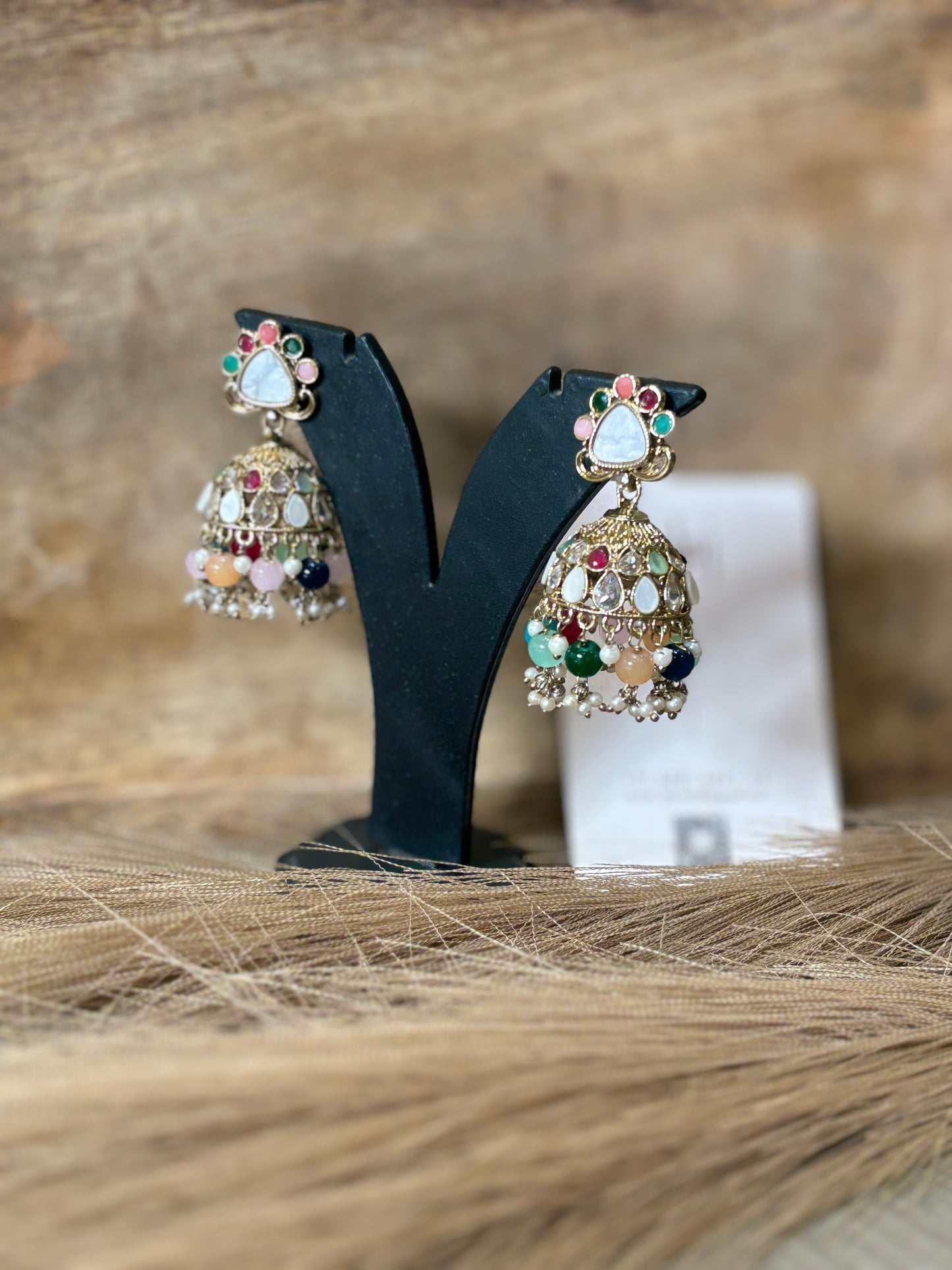 Multicolor Kundan Jhumka Earrings with Pearl & Bead Drops | Gold-Tone Ethnic Earrings