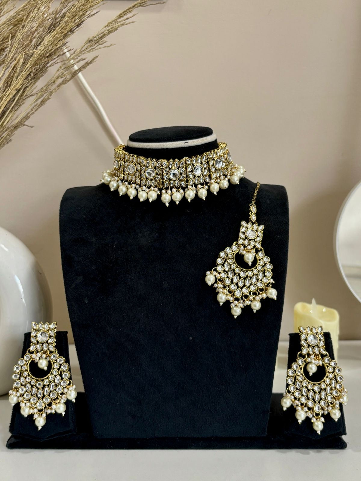 Kundan & Pearl Choker Necklace Set with Statement Earrings