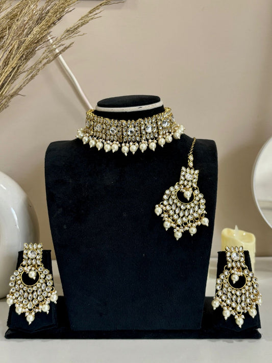 Kundan & Pearl Choker Necklace Set with Statement Earrings