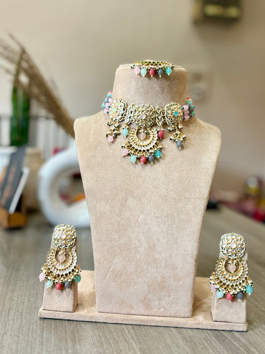 Multicolor Bead Kundan Choker Necklace Set