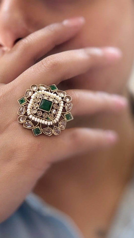 Emerald Kundan Pearl Adjustable Statement Ring