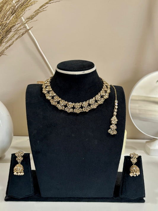 Antique Gold Floral Choker Necklace Set with Jhumkas