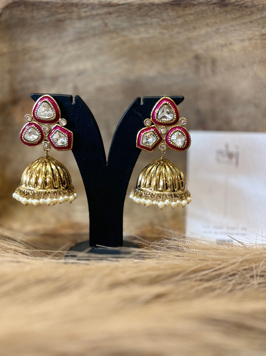 Ruby Pink Kundan Jhumka Earrings with Pearl Drop