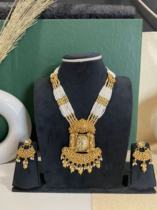 Temple Design Gold-Plated Necklace with Pearl Strands & Earrings