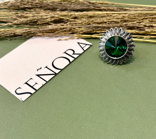 Vintage Floral Halo Green Stone Ring