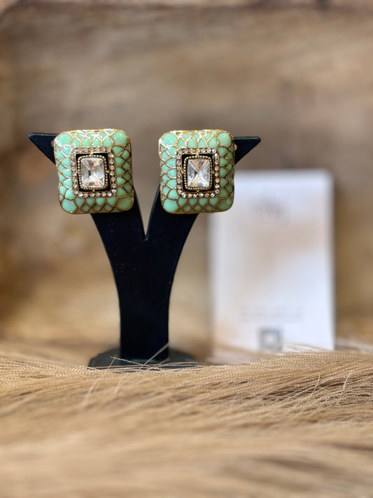 Mint Green Square Crystal Designer Stud Earrings