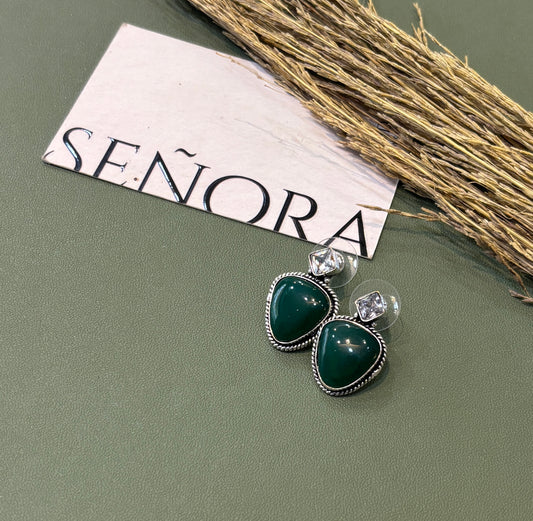 Emerald Green Triangle Stone Silver-Plated Stud Earrings