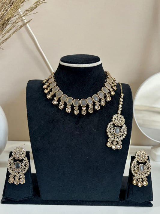 Golden Stone Kundan Necklace Set with Earrings & Maang Tikka