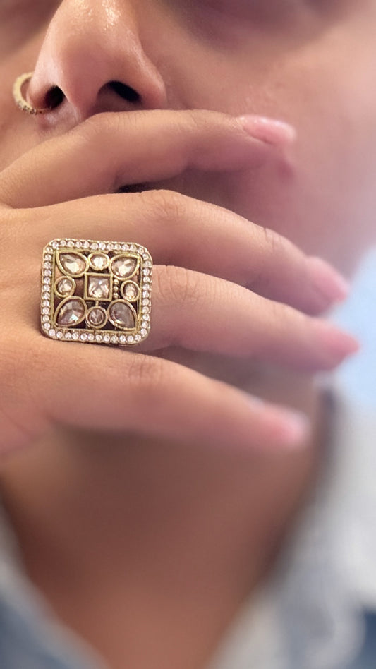 Kundan Square Adjustable Statement Ring