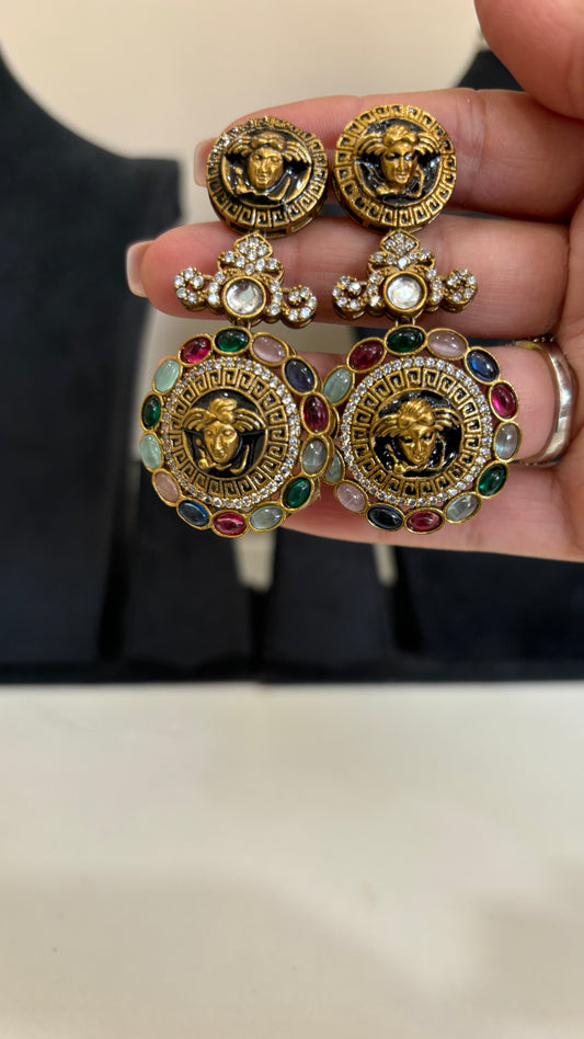 Antique Gold-Plated Medusa Studded Earrings
