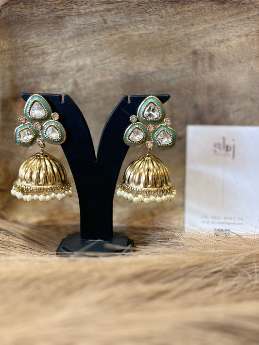 Mint Green Kundan Jhumka Earrings with Pearl Drops | Gold Finish Ethnic Earrings