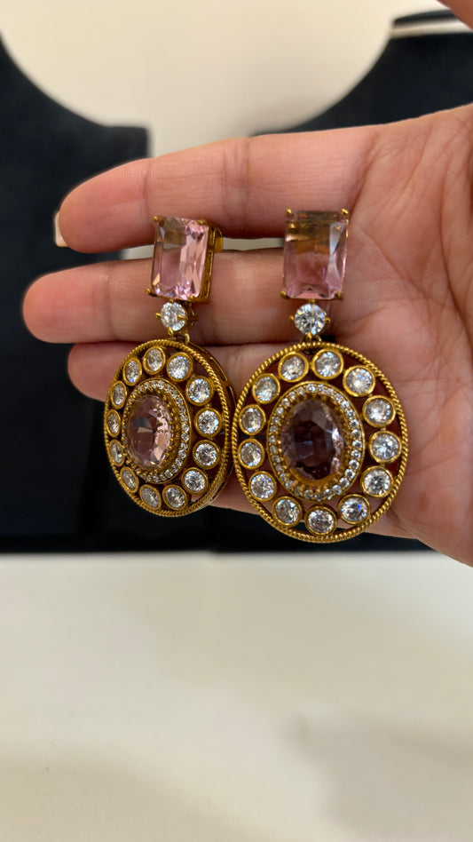 Vintage Pink Stone & Crystal Drop Earrings