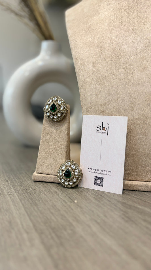 Antique Gold Finish Green Stone Kundan Statement Stud Earrings