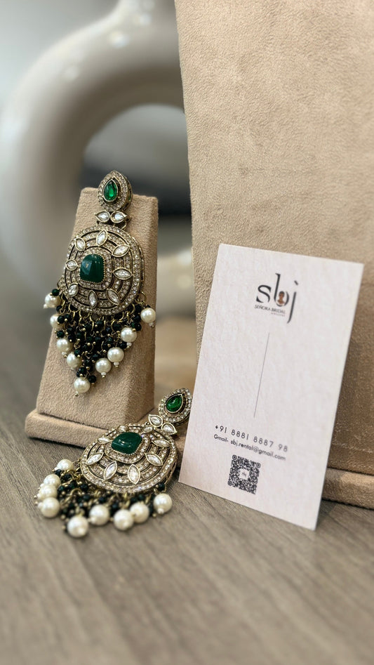 Victorian Emerald Green Stone Earrings with Pearl Tassels