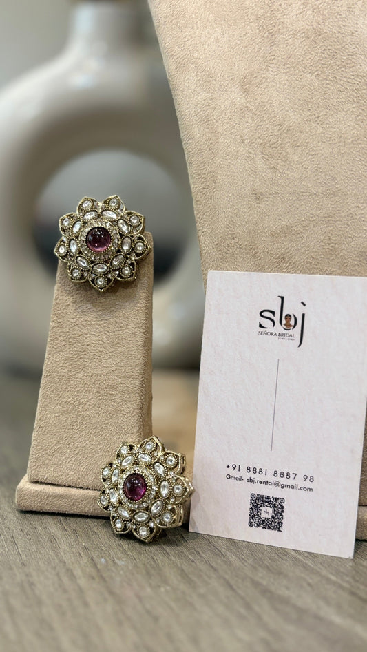 Antique Gold Finish Pink Floral Kundan Statement Stud Earrings