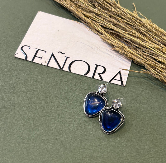 Royal Blue Triangle Stone Silver-Plated Stud Earrings