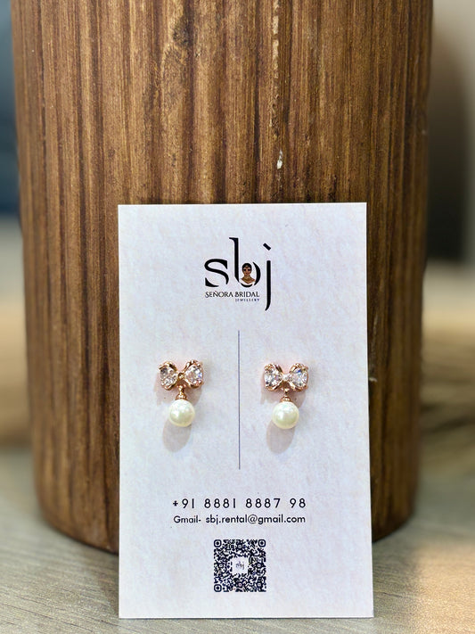 Rose Gold Crystal Bow Pearl Drop Earrings