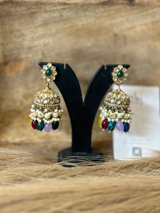Multicolor Kundan Jhumka Earrings with Pearl & Colorful Bead Drops