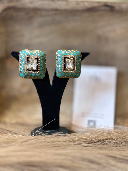 Turquoise Blue Crystal Square Statement Stud Earrings