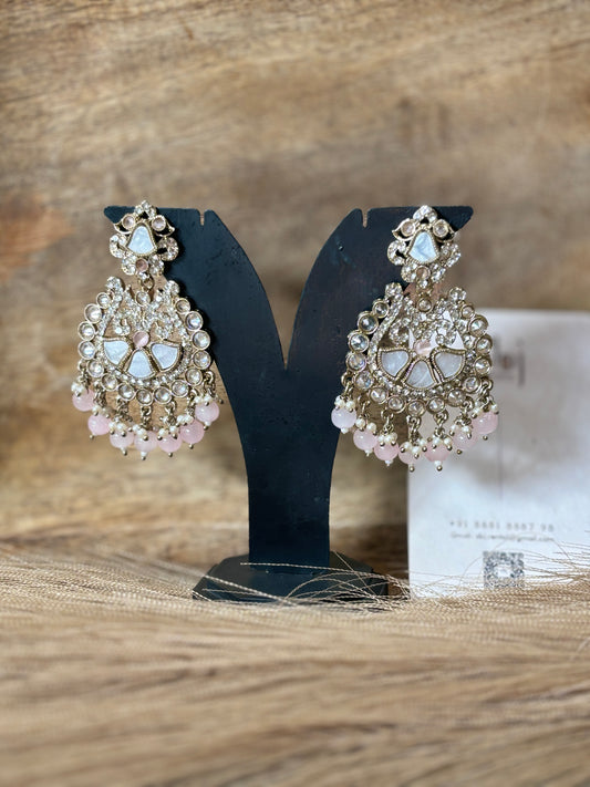 Blush Pink Kundan Chandbali Earrings with Pearl & Stone Drops