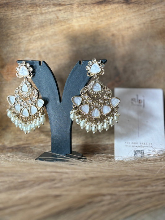 Ivory Kundan Chandbali Earrings with Pearl Drops
