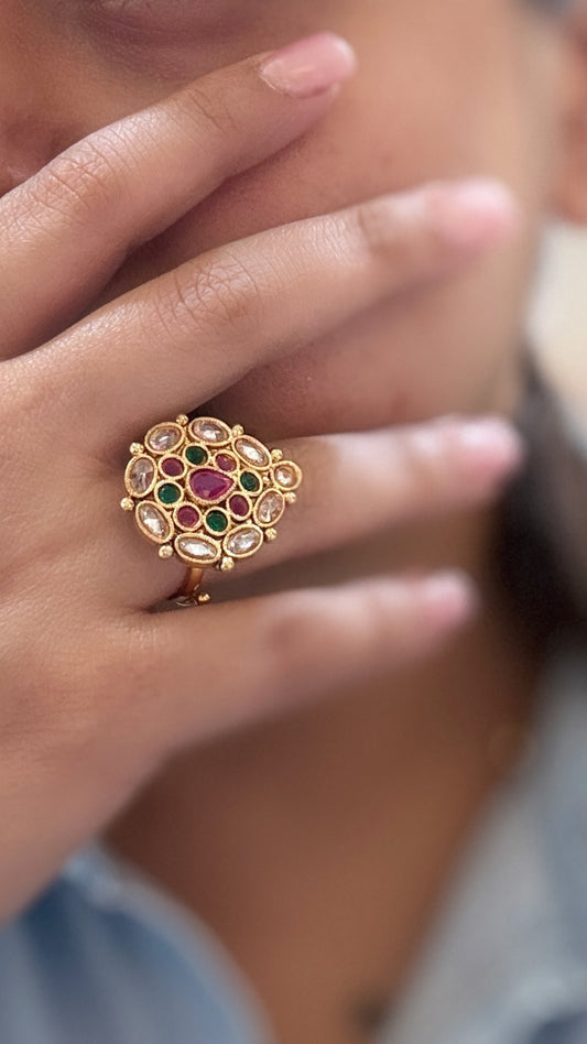 Ruby & Emerald Kundan Floral Adjustable Statement Ring