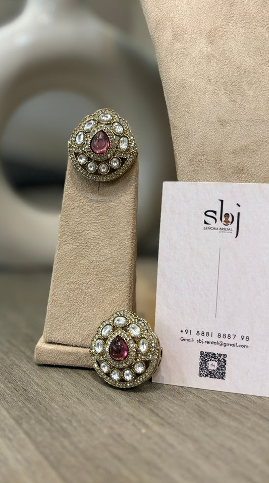 Antique Gold Finish Pink Stone Kundan Statement Stud Earrings