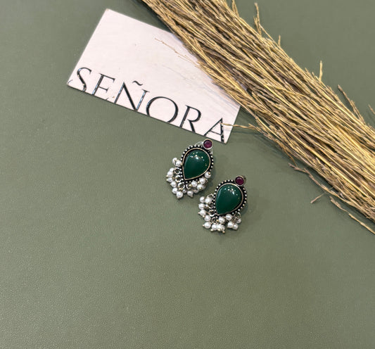 Emerald Green Teardrop Silver-Plated Stud Earrings with Pearl Detailing