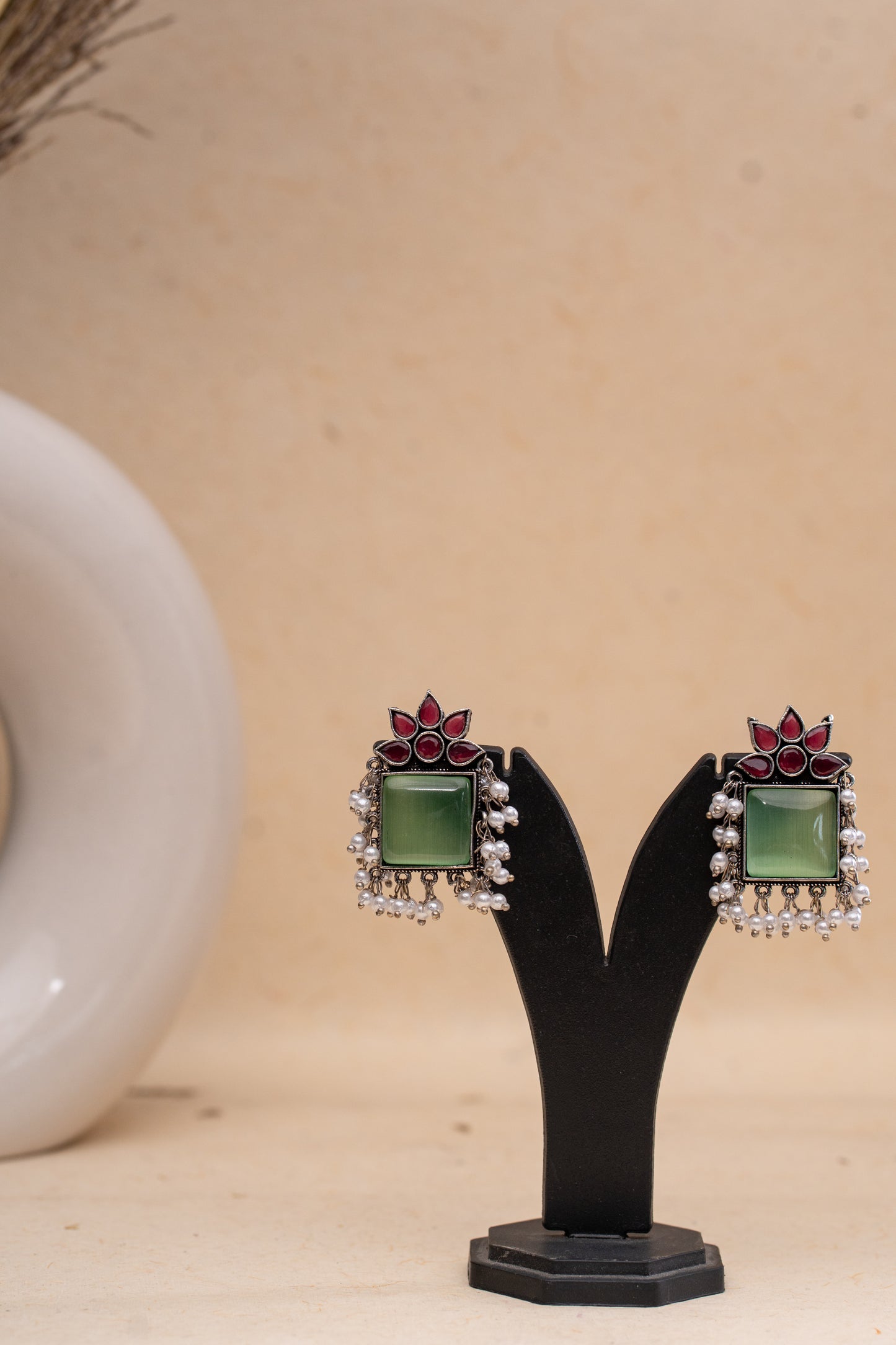 Oxidized Pink and Green with Pearl drop Studs