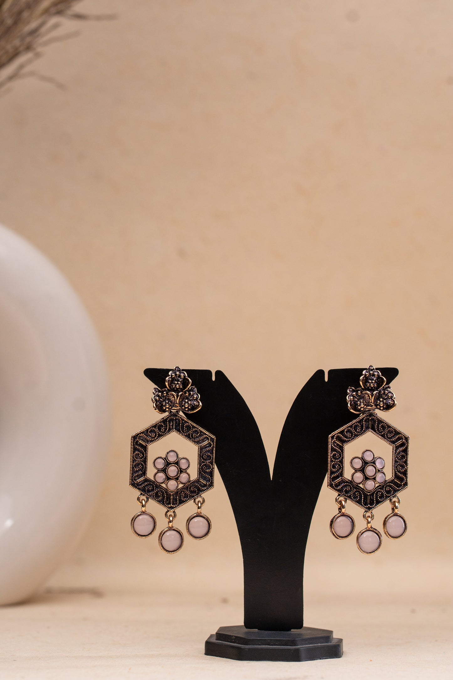 Earthy Elegance: Oxidized Earrings with Beige Drops