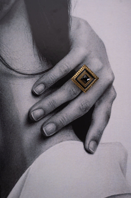 Sophisticated Gold-Plated Black Square-Shaped Ring