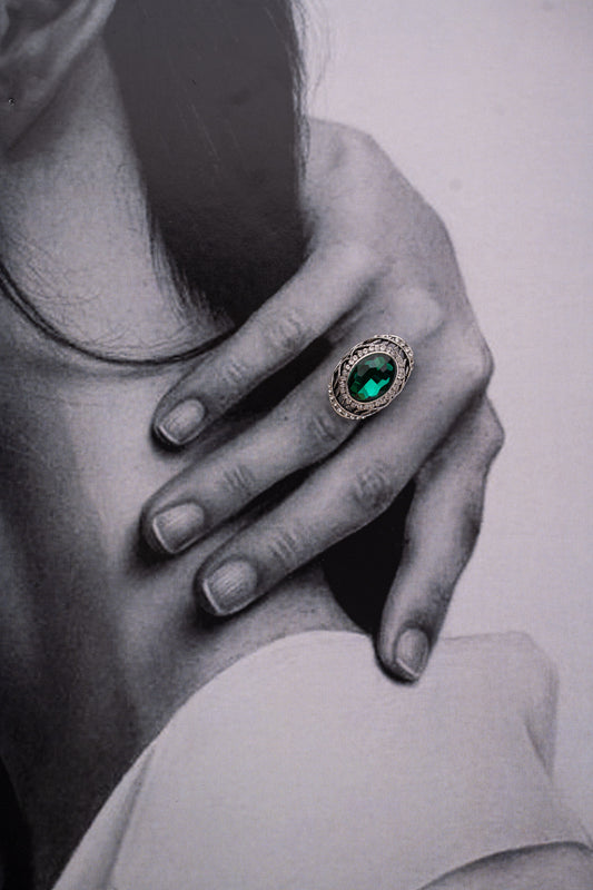 Green Crystal Ring with Stone-Studded Outer Band