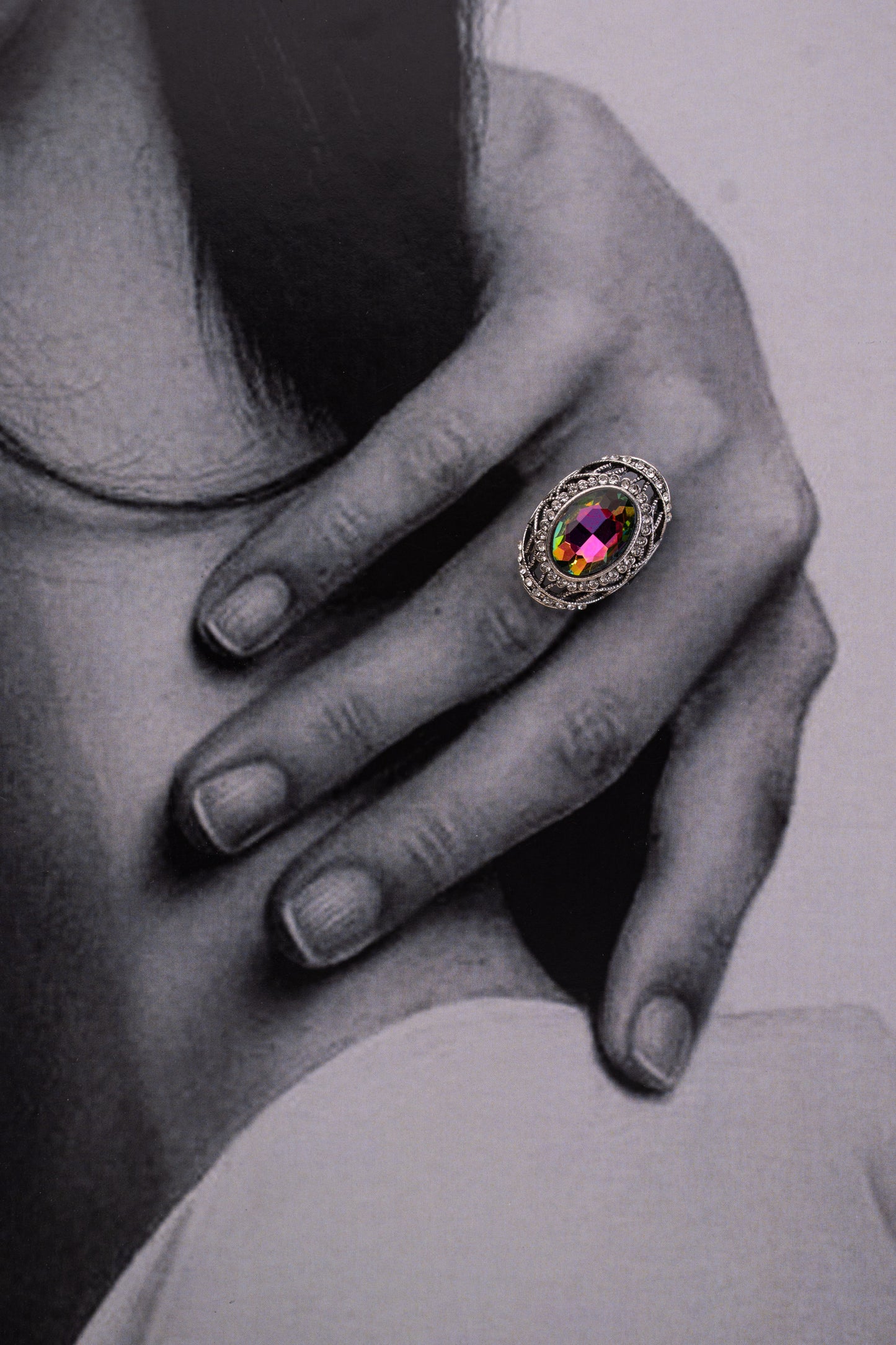 Rainbow Crystal Ring with Stone-Studded Outer Band