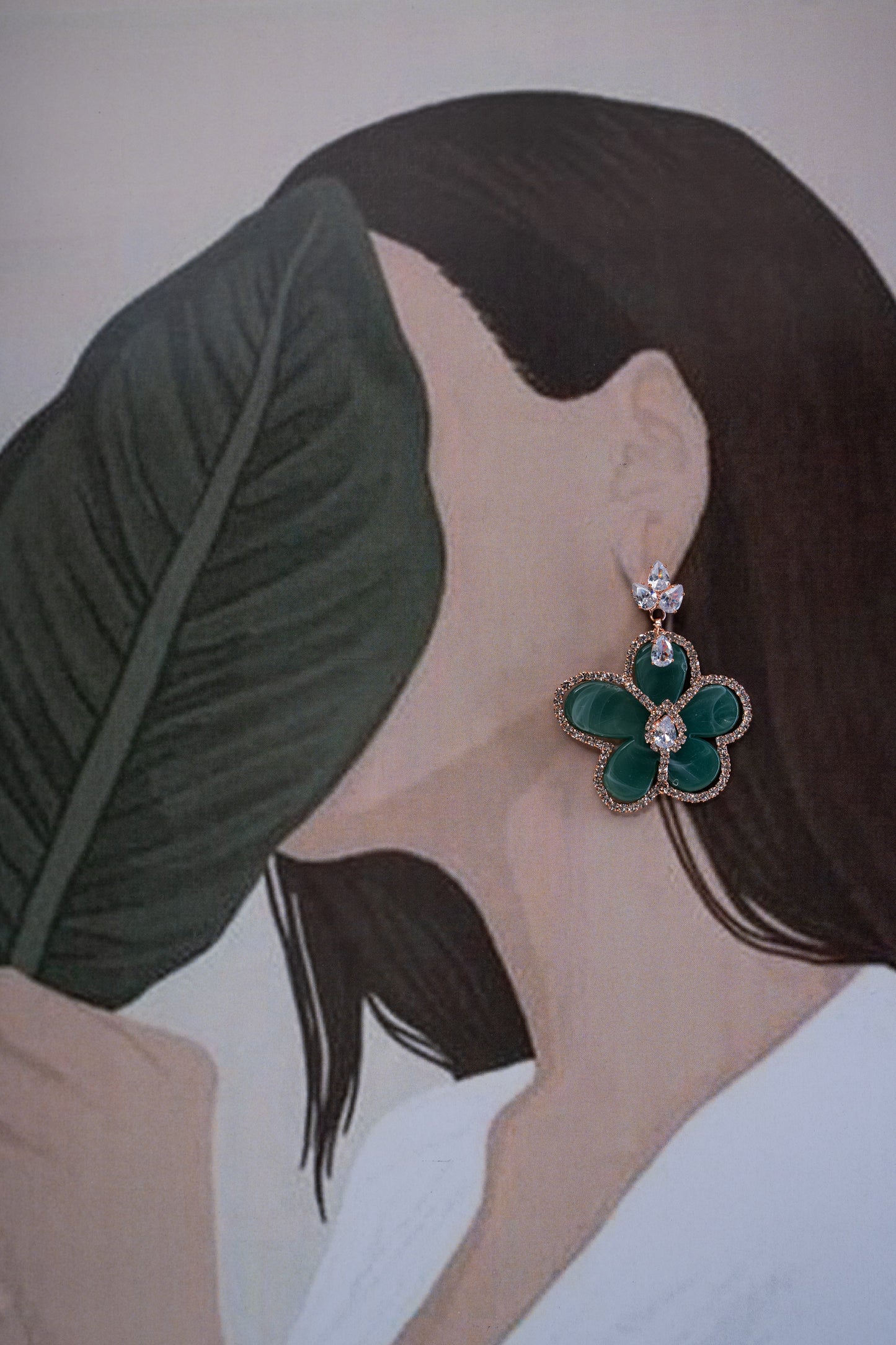 AD Stone Studded Green Flower Earrings