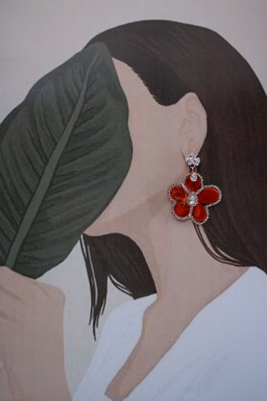 AD Stone Studded Coral Red Flower Earrings