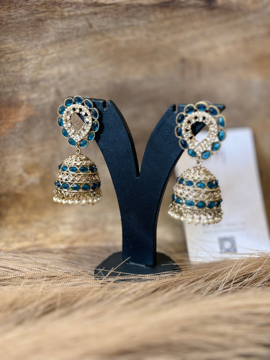 Royal Blue Kundan Jhumka Earrings with Pearl Hanging