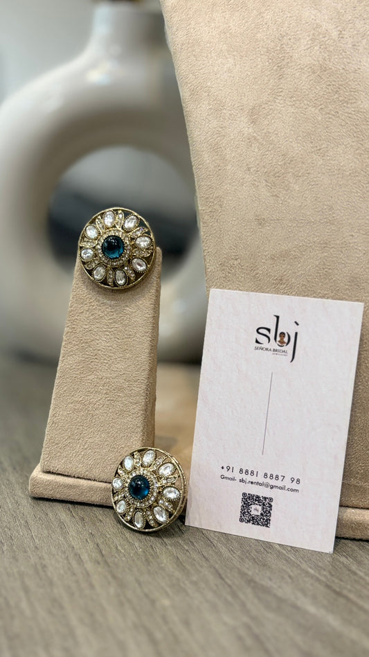 Antique Gold Finish Royal Blue Floral Kundan Stud Earrings