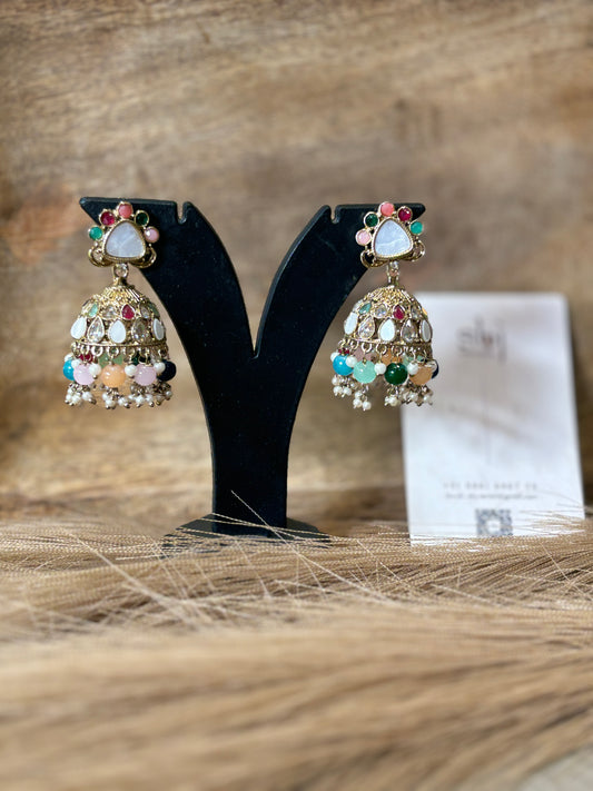 Multicolor Kundan Jhumka Earrings with Pearl & Bead Drops | Gold-Tone Ethnic Earrings