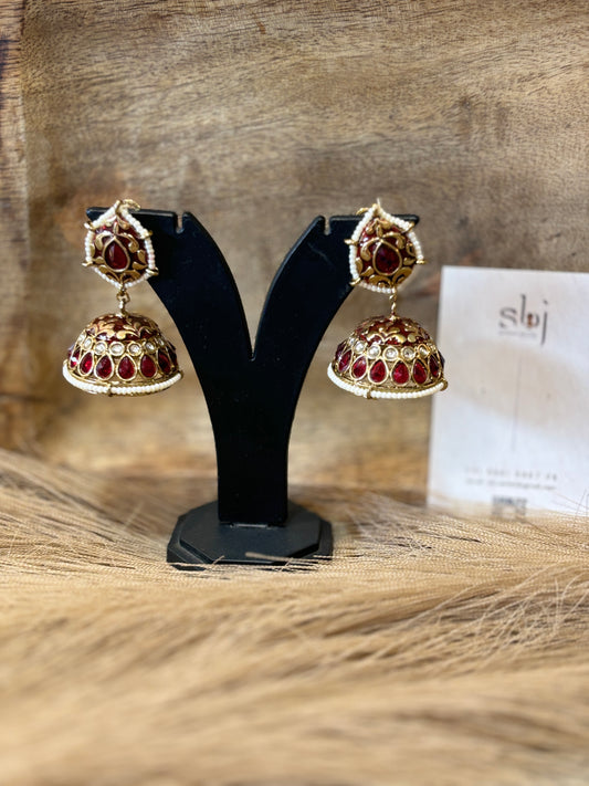 Ruby Red Kundan Jhumka Earrings with Pearl Detailing