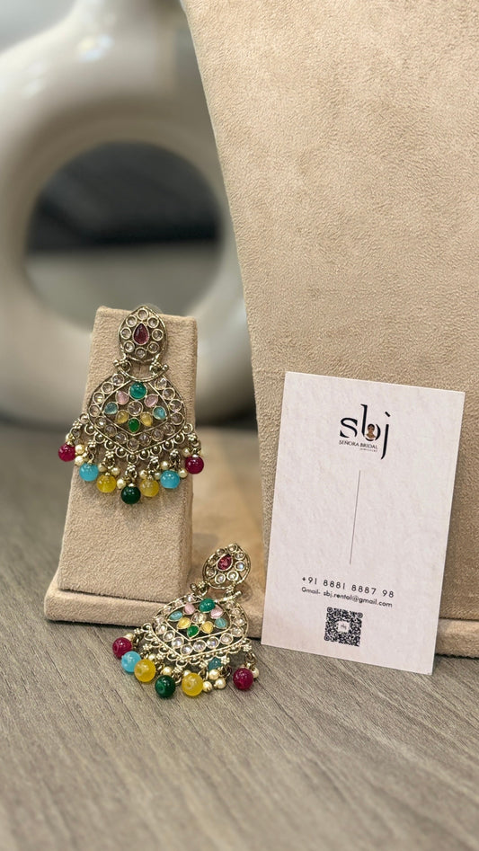 Antique Silver Finish Navratna Chandbali Earrings with Multicolor Beads