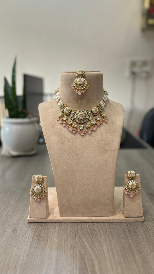 Blush Royale Kundan Necklace Set – Pink Beaded Bridal Ensemble