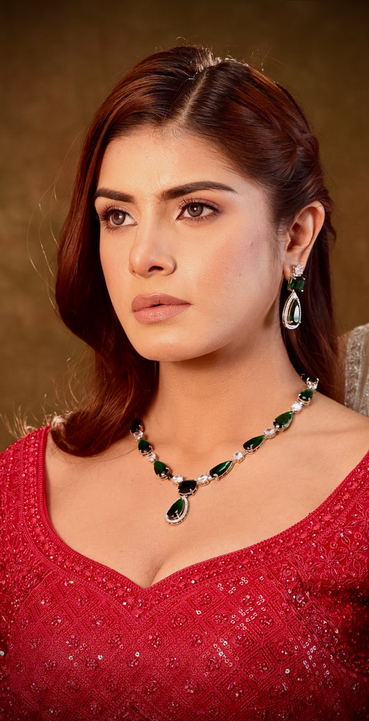 Emerald Drop Necklace Set with Earrings